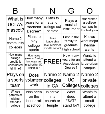 College Bound Bingo!  Bingo Card
