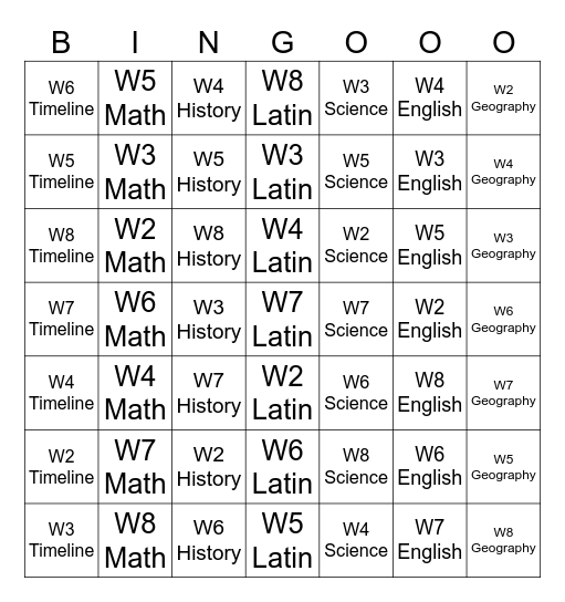 Weeks 2-8 Bingo Card