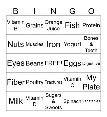 Nutrition Bingo Card