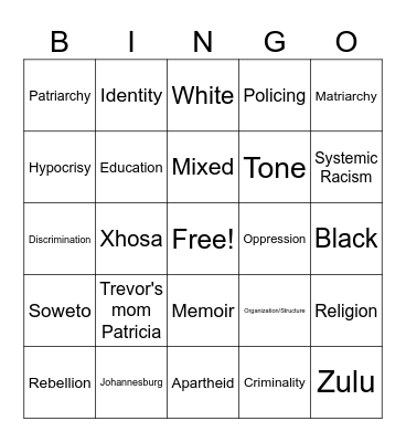 "Born A Crime" Chapters 1-5 Bingo Card