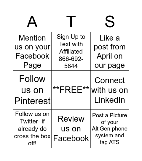 ATS Facebook Bingo Card