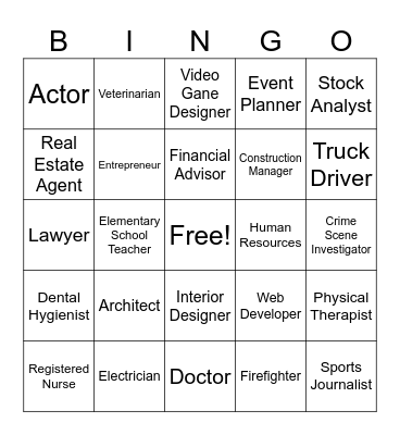 20 Jobs Around the Room Bing Bingo Card