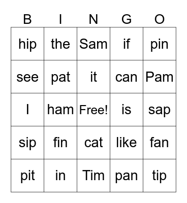 CVC words Bingo Card