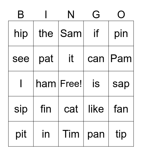 CVC words Bingo Card