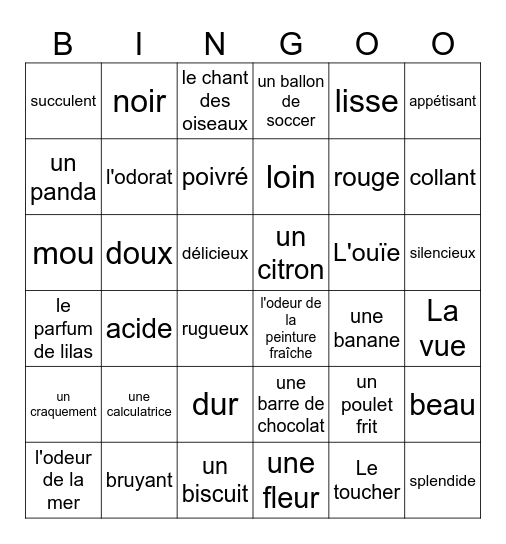 Les cinq sens Bingo Card