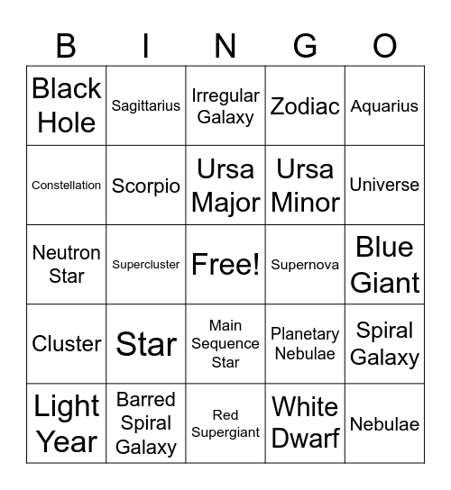 Astronomy Unit 1 Bingo Card