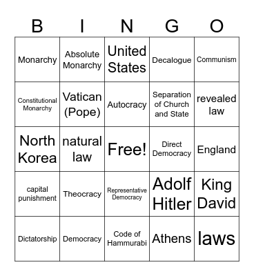 Government Under God Bingo Card