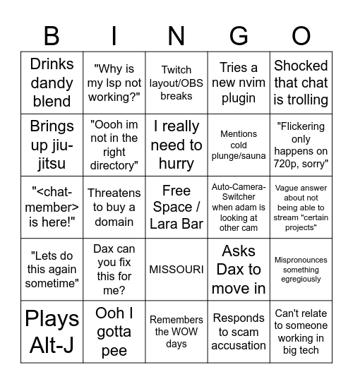 AdamDotDev Bingo Card