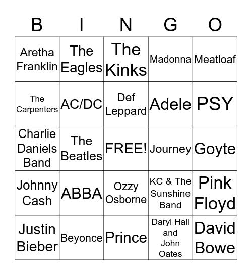 Rock and Roll Bingo Card