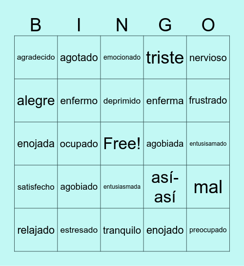 las emociones Bingo Card