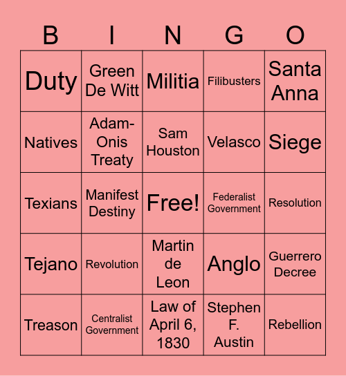 Texas Revolution Bingo Card