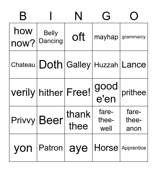 Renaissance Bingo Card