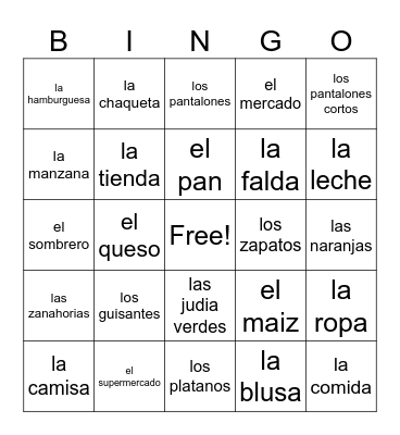 Food/Clothing Vocabulary Words Bingo Card