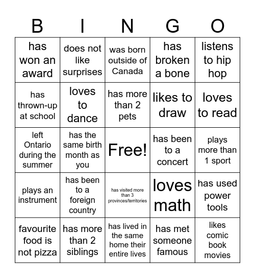 Classroom Bingo Card