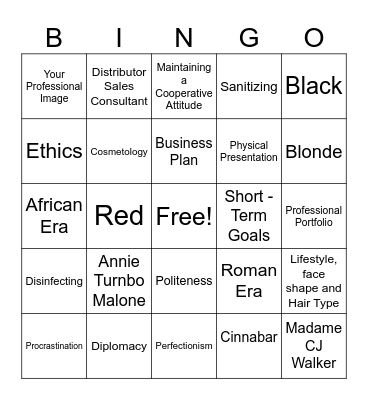 Cosmetology Unit 1 Bingo Card