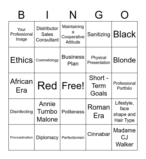 Cosmetology Unit 1 Bingo Card