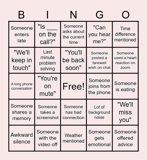 Sri's Virtual Farewell Bingo! Bingo Card