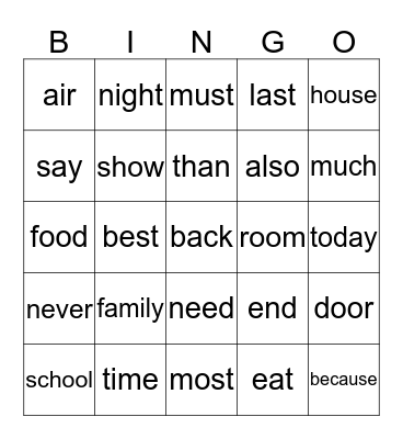 FAST Words Bingo Card