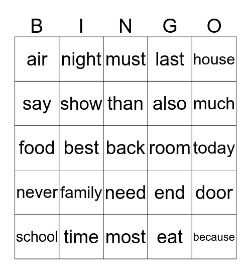 FAST Words Bingo Card