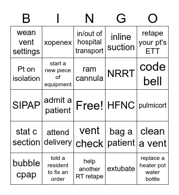 RT Week BINGO - NICU Bingo Card