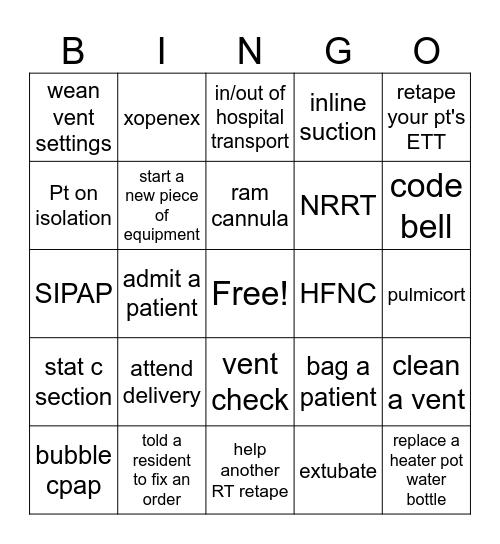 RT Week BINGO - NICU Bingo Card
