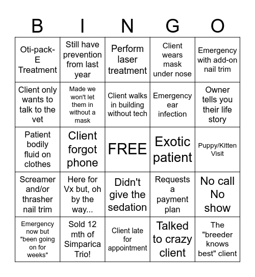 Veterinary Bingo Card