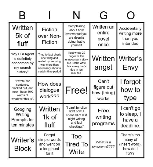 Writers Bingo Card