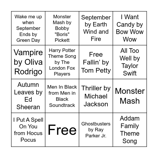 Fall Songs Bingo Card