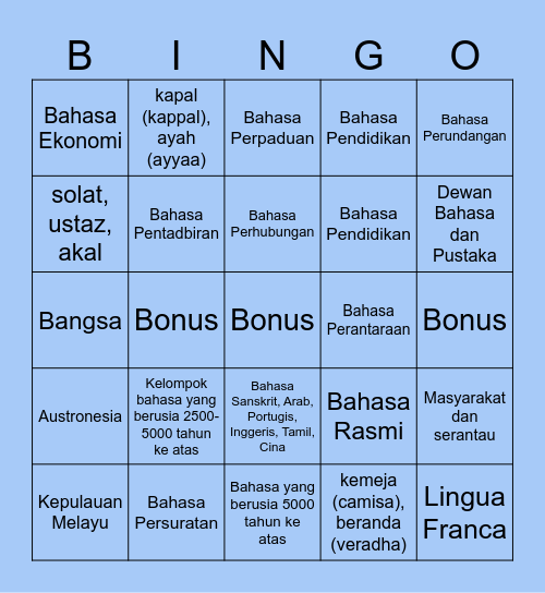 BINGO BAHASA MELAYU WARISAN KITA Bingo Card