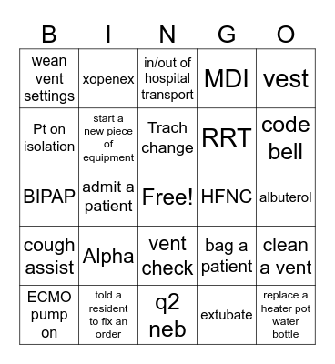 RT Week BINGO! - PICU/FLOORS Bingo Card