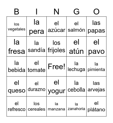 La comida Bingo Card