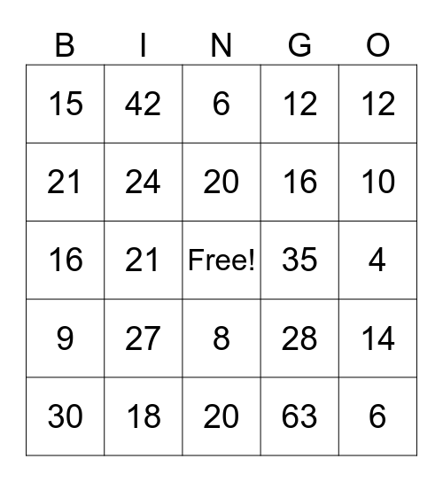 Multiplication Facts (1-10) Bingo Card