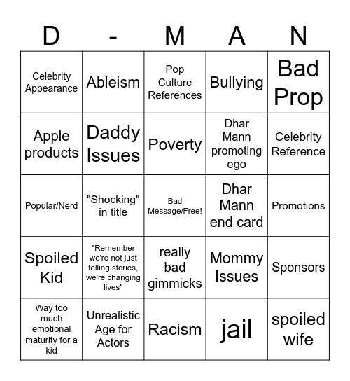 J-Class Dhar Mann Bingo Card