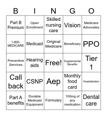 Medicare Bingo Card