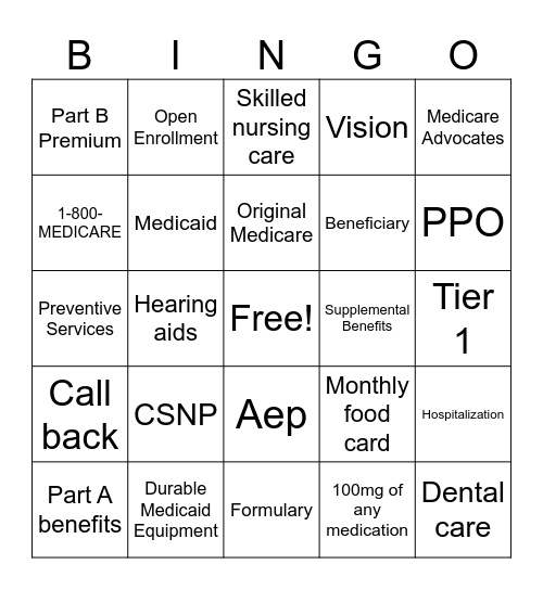 Medicare Bingo Card