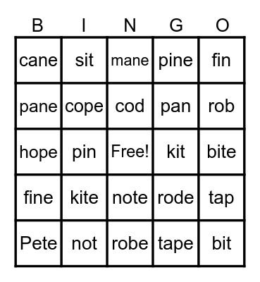 Silent e Maybe Bingo Card