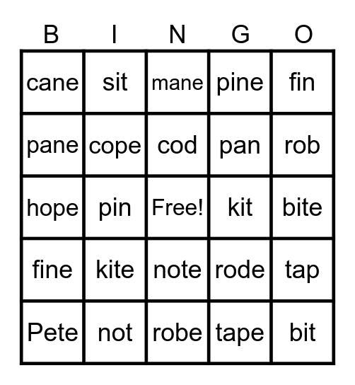 Silent e Maybe Bingo Card