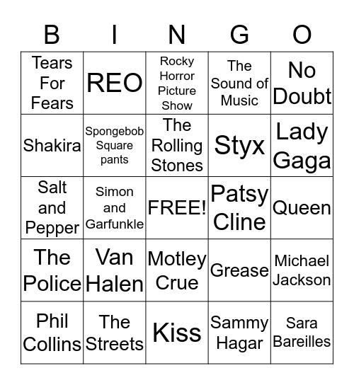 Girl's Game Night Rock and Roll Bingo Card