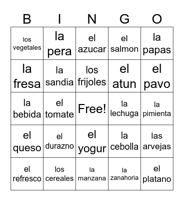 La comida Bingo Card
