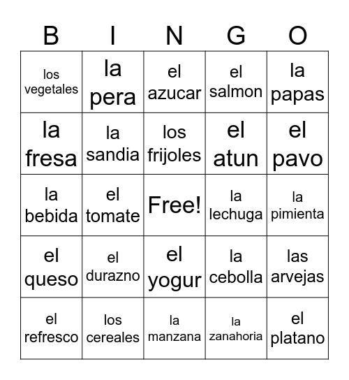 La comida Bingo Card