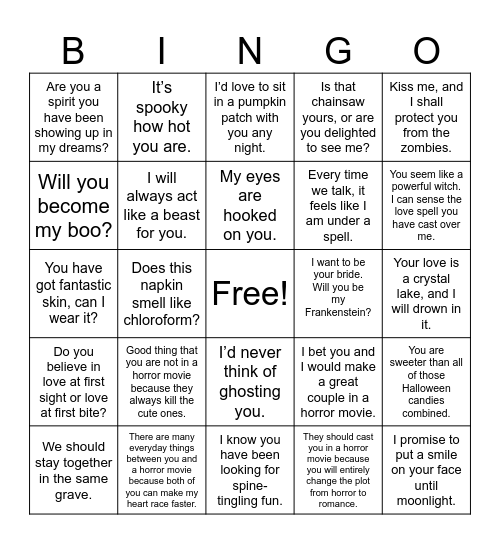 Scary Pick Up Lines Bingo Card