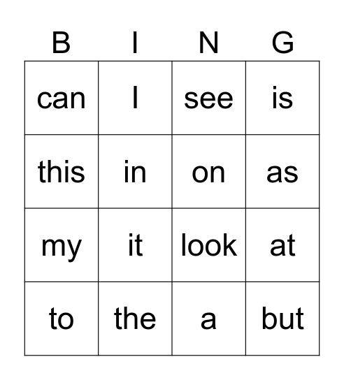 Sight Word Bingo Card