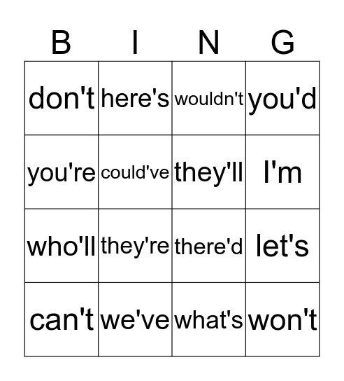 Contractions Bingo Card