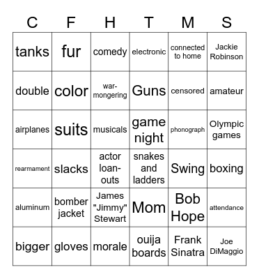 1940's Presentation Bingo Card