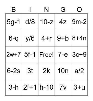 Fun Math Friday Bingo Card