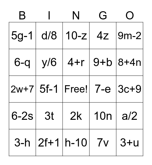 Fun Math Friday Bingo Card