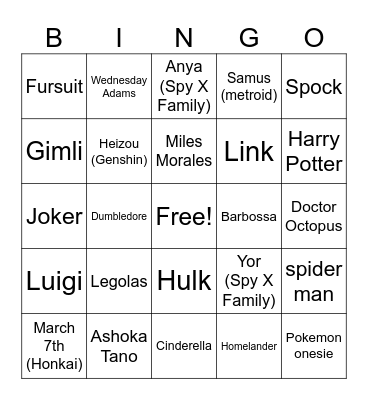Cosplay Bingo Card