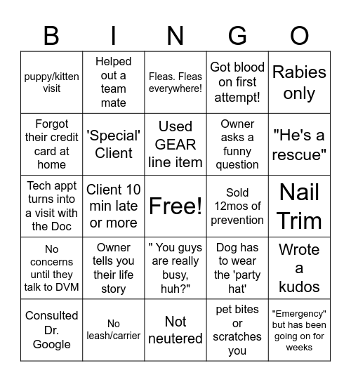 Veterinary Bingo Card