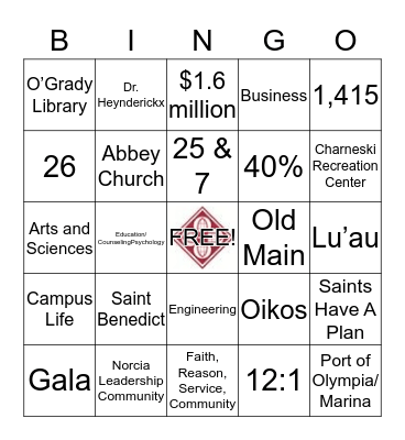 Benedictine Scholars Day Bingo 2016 Bingo Card