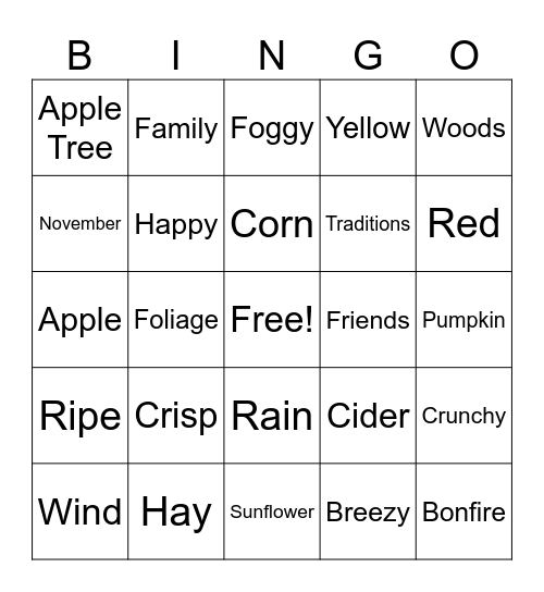 Autumnal Bingo Card